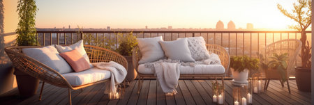 A minimalist balcony with cozy garden furniture. Generative AIの素材