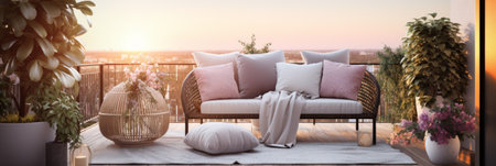 A minimalist balcony with cozy garden furniture. Generative AIの素材