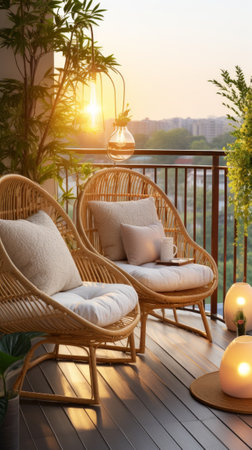 A minimalist balcony with cozy garden furniture. Generative AIの素材