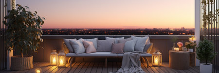 A minimalist balcony with cozy garden furniture. Generative AIの素材