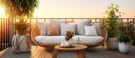 A minimalist balcony with cozy garden furniture. Generative AIの素材