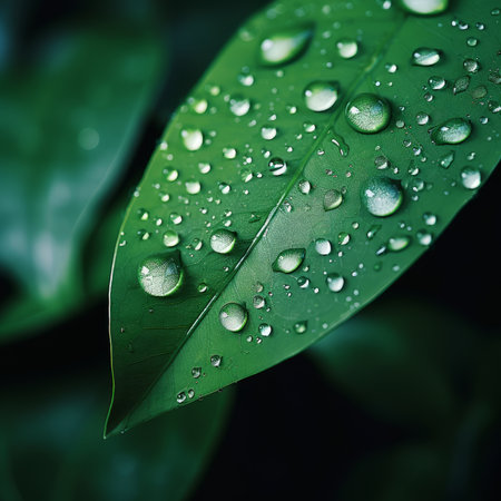 Macro shot of a raindrop on a green leaf. Generative AIの素材