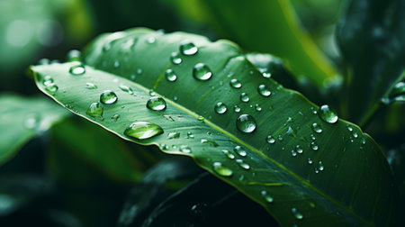 Macro shot of a raindrop on a green leaf. Generative AIの素材