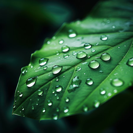 Macro shot of a raindrop on a green leaf. Generative AIの素材