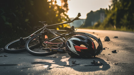 Bike accident with broken bike and helmet after road accident. Generative AIの素材