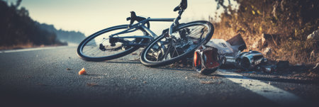 Bike accident with broken bike and helmet after road accident. Generative AIの素材