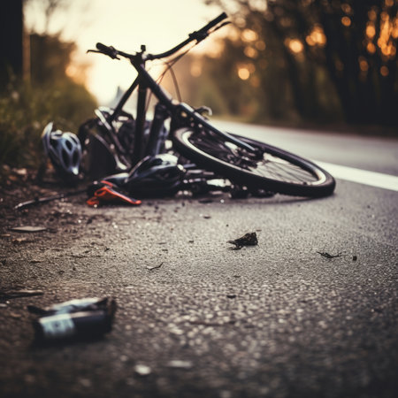 Bike accident with broken bike and helmet after road accident. Generative AIの素材