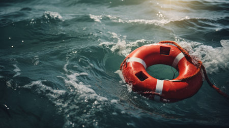 Lifebuoy floats in rough sea waters. Safety and rescue concept. Generative AIの素材