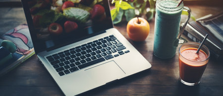 Smoothie with laptop on the table. Generative AIの素材