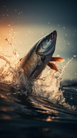 A large fish leaping from water's surface. Generative AIの素材