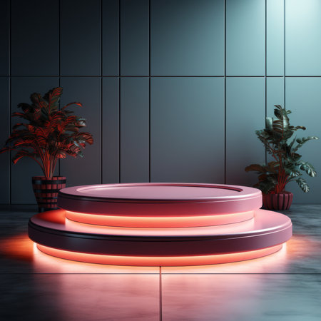 Minimal podium with mockup and neon lights. Generative AIの素材