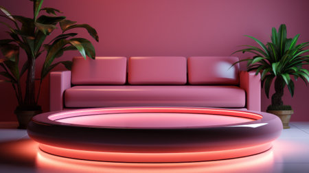 Minimal podium with mockup and neon lights. Generative AIの素材