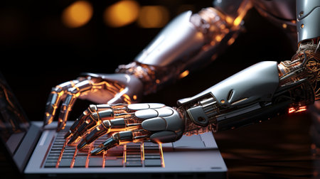 Robot touching computer with its hand. Generative AIの素材
