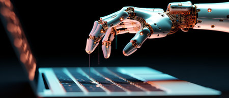 Robot touching computer with its hand. Generative AIの素材