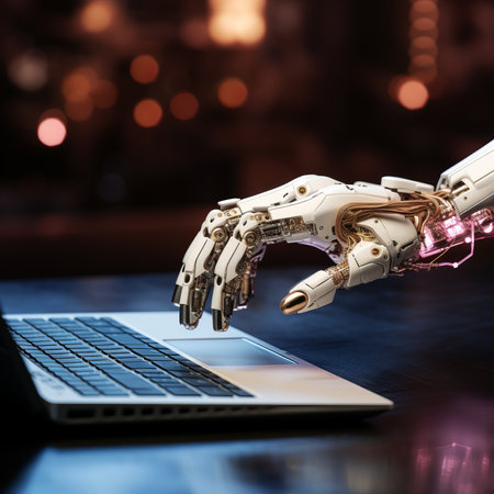 Robot touching computer with its hand. Generative AIの素材