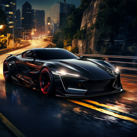 An elegant black sports car speeds down a winding road. Generative AIの素材