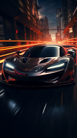 An elegant black sports car speeds down a winding road. Generative AIの素材