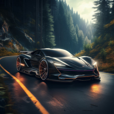 An elegant black sports car speeds down a winding road. Generative AIの素材
