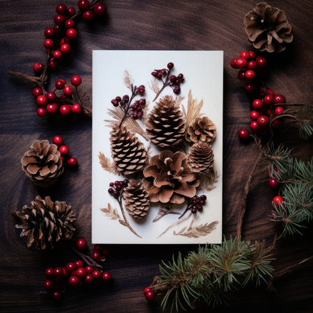 Christmas card decorated with pine cones and cranberries. Generative AIの素材
