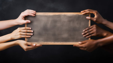 Many hands holding a blank board on a black background. Generative AIの素材
