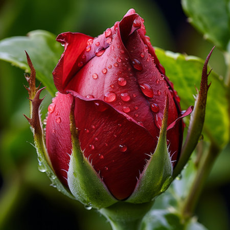 Opened red rose bud in the garden. Generative AIの素材