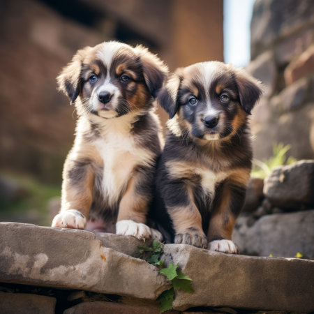 Puppies on stone steps. Generative AIの素材