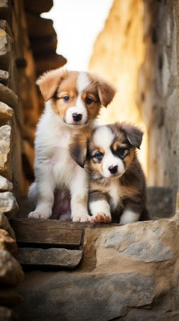 Puppies on stone steps. Generative AIの素材