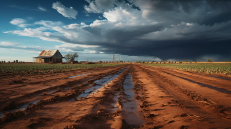 Farm under dramatic stormy sky. Generative AIの素材