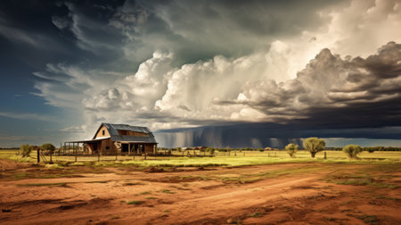 Farm under dramatic stormy sky. Generative AIの素材