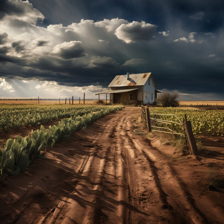 Farm under dramatic stormy sky. Generative AIの素材