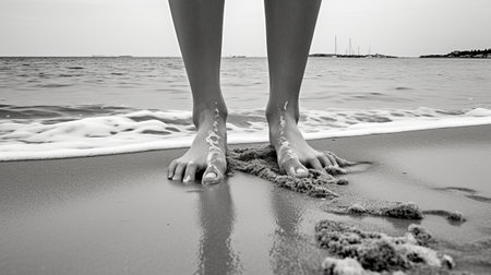 Black and white photo of feet on the beach. Generative AIの素材