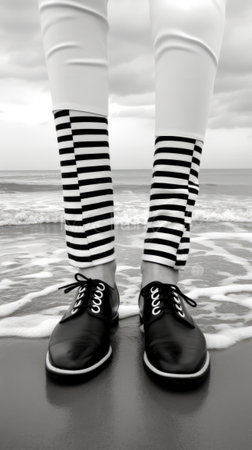 Black and white photo of feet on the beach. Generative AIの素材