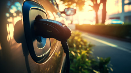 Charger for an electric car in a parking lot. Generative AIの素材