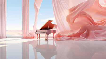 Piano and pink curtains on a white background. Generative AIの素材