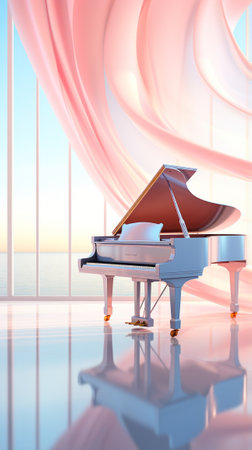 Piano and pink curtains on a white background. Generative AIの素材