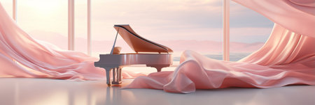 Piano and pink curtains on a white background. Generative AIの素材