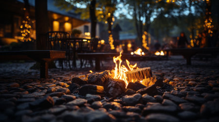 Nighttime bonfire with brick hearth. Generative AIの素材