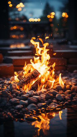 Nighttime bonfire with brick hearth. Generative AIの素材