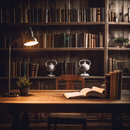 Office with a wooden interior. Stylish lamp and desk. Generative AIの素材