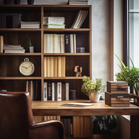 Office with a wooden interior. Stylish lamp and desk. Generative AIの素材