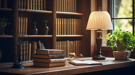 Office with a wooden interior. Stylish lamp and desk. Generative AIの素材