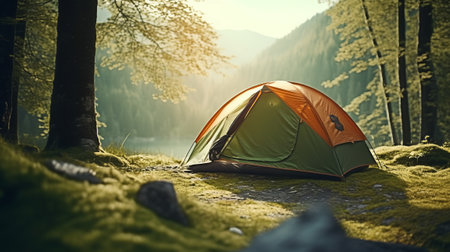 A beautiful camping tent in the forest. Generative AIの素材