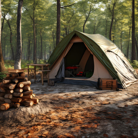 A beautiful camping tent in the forest. Generative AIの素材