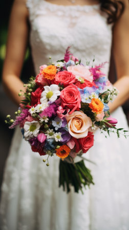 The bride is holding colorful flowers at the wedding. Generative AIの素材