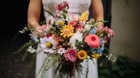 The bride is holding colorful flowers at the wedding. Generative AIの素材