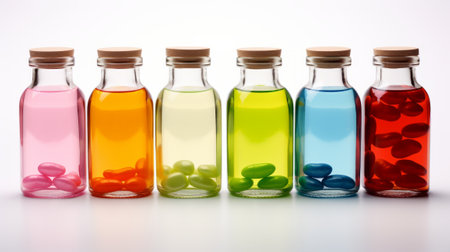 Jelly beans in a bottle on a white background. Modern abstract mockup with jelly beans in a bottle with white background. Generative AIの素材