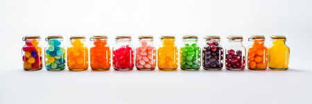 Jelly beans in a bottle on a white background. Modern abstract mockup with jelly beans in a bottle with white background. Generative AIの素材