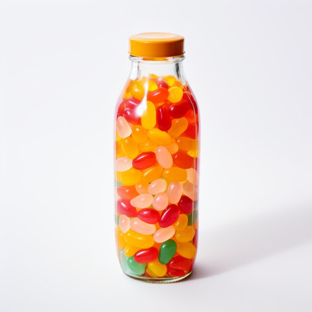 Jelly beans in a bottle on a white background. Modern abstract mockup with jelly beans in a bottle with white background. Generative AIの素材