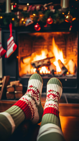 Christmas socks by the fireplace. Generative AIの素材