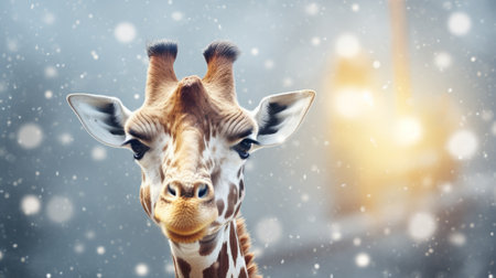 Giraffe in winter. Portrait of a majestic giraffe. Beautiful giraffe on a blurred background with copy space. Generative AIの素材